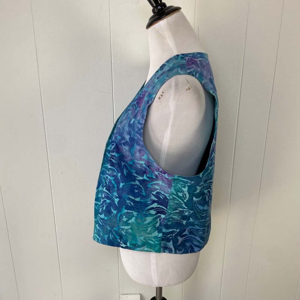 Handmade Batik Reversible Dolphin Vest Blue Teal Purple Open Front Women's M L - Picture 5 of 7